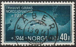 FRIMÆRKER NORGE | 1944 - AFA 304 - Tryggve Grans flyvning. - 40 øre preussisk blå - Lux Stemplet